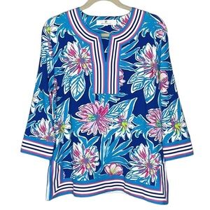 JEAN-PIERRE KLIFA ALEXANDRA TUNIC TOP BRIGHT FLORAL PRINT 3/4 SLEEVES SZ XL